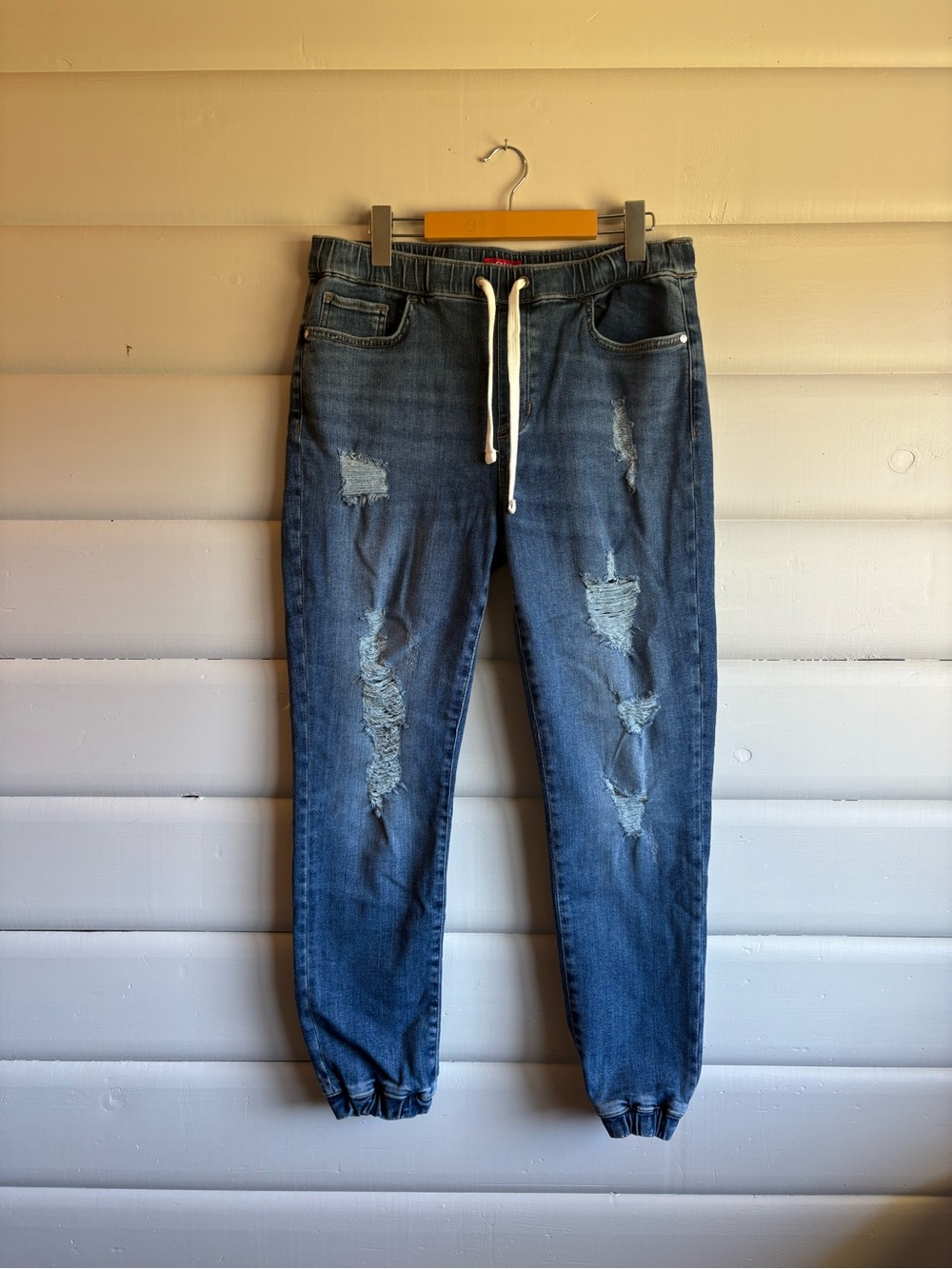 Guess Distressed Denim Jogger Jeans Drawstring Stretch Tapered Blue Size L